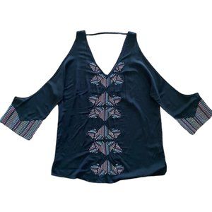 LOVE STITCH Black Cold Shoulder Embroidered Top